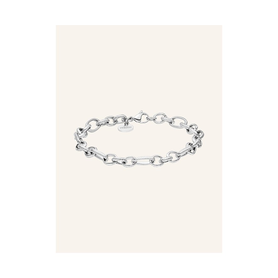 Purelei armband van roestvrij staal, een zilverkleurige schakelarmband met textuur en een karabijnsluiting.