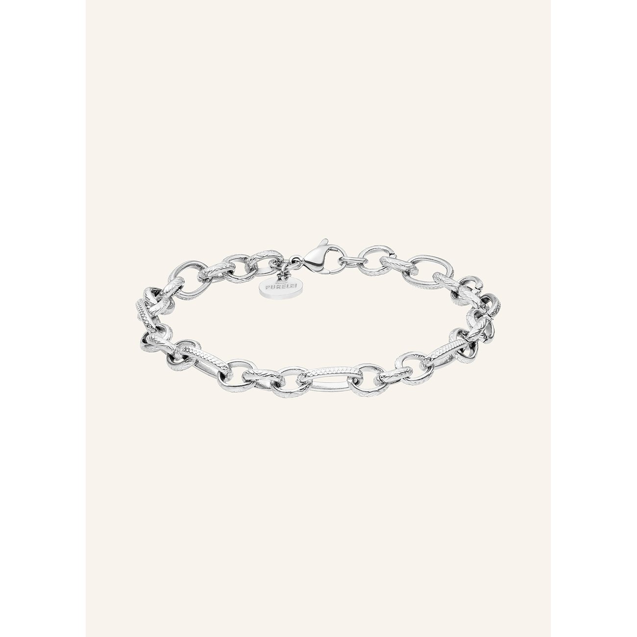 Purelei armband van roestvrij staal, een zilverkleurige schakelarmband met textuur en een karabijnsluiting.