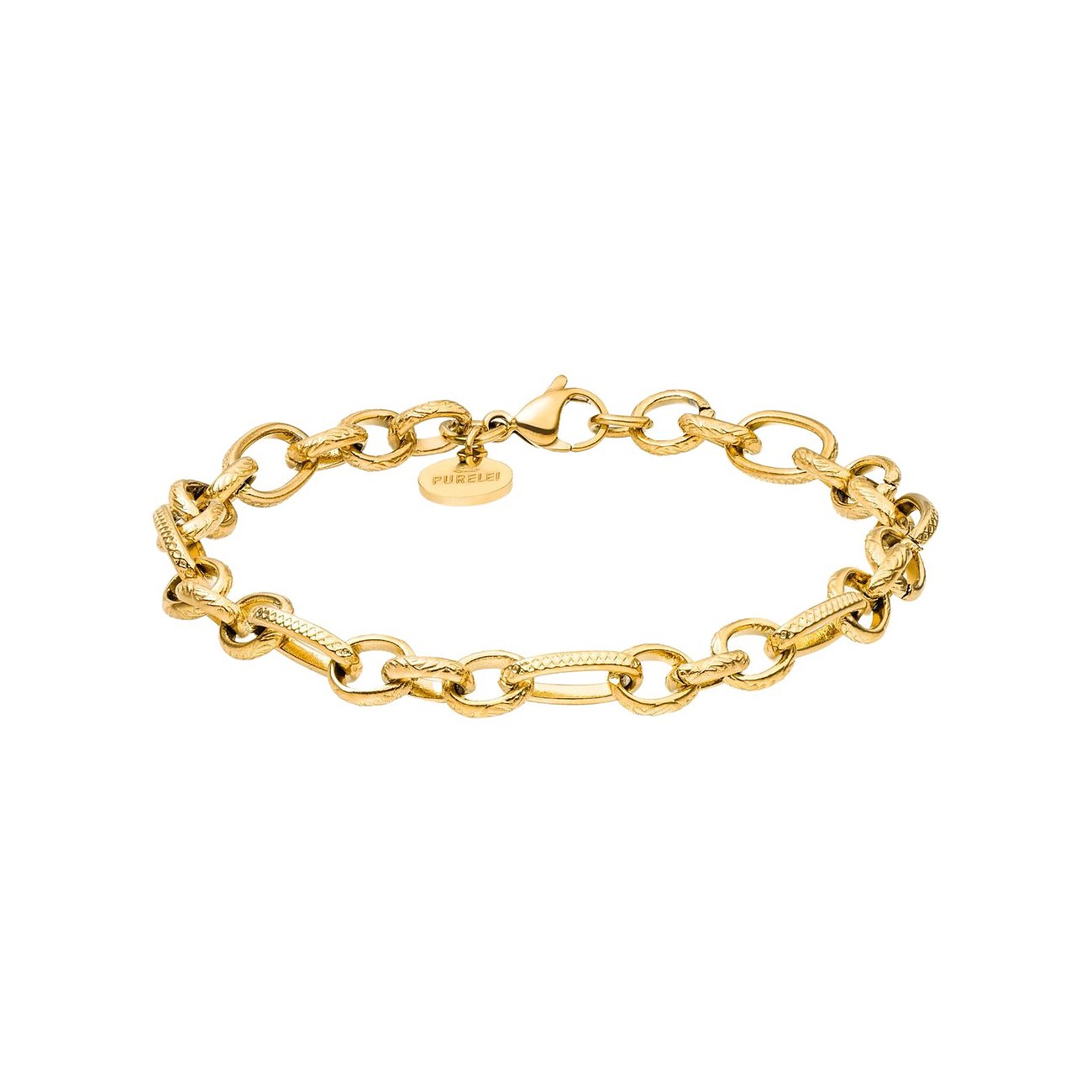Ein goldenes Purelei Edelstahl-Armband mit großen, ovalen Gliedern und einem kleinen, hängenden Logo-Anhänger.