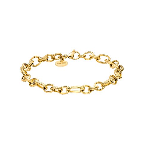 Ein goldenes Purelei Edelstahl-Armband mit großen, ovalen Gliedern und einem kleinen, hängenden Logo-Anhänger.