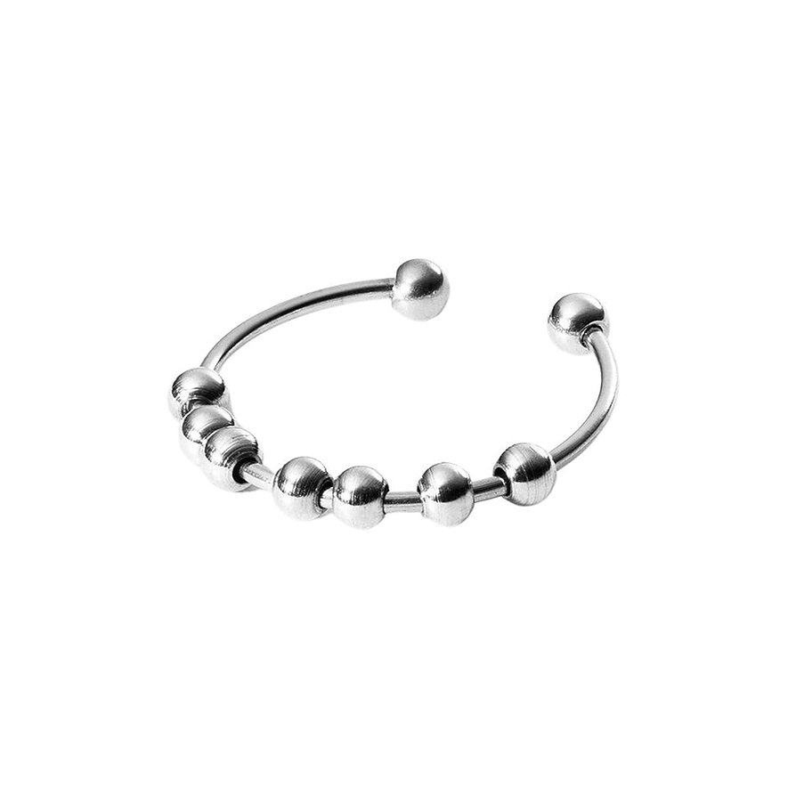 Bague Purelei acier inoxydable, argentée, avec sept petites billes mobiles sur la moitié inférieure.
