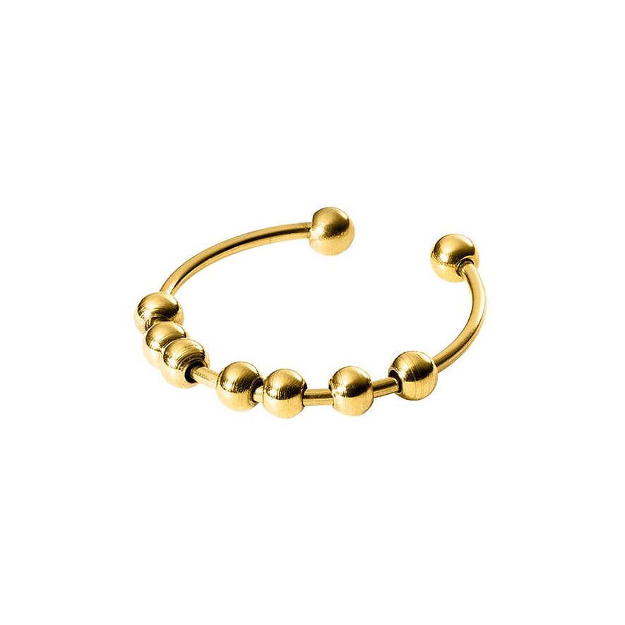 Purelei Ring aus goldfarbenem Edelstahl mit sieben kleinen, goldglänzenden Kugeln, die entlang des Rings gleiten können.