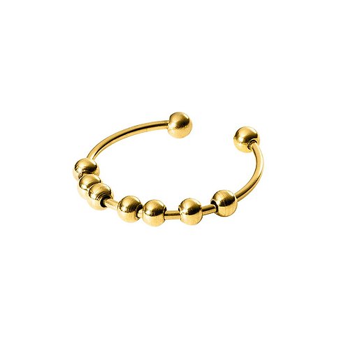 Purelei ring i guldfärgat rostfritt stål med sju små, glänsande guldkulor som kan glida längs ringen.
