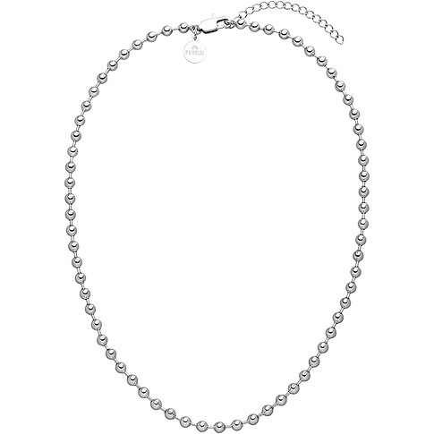 Ett långt, glänsande Purelei-halsband i rostfritt stål med små, jämna kulor i rad.
