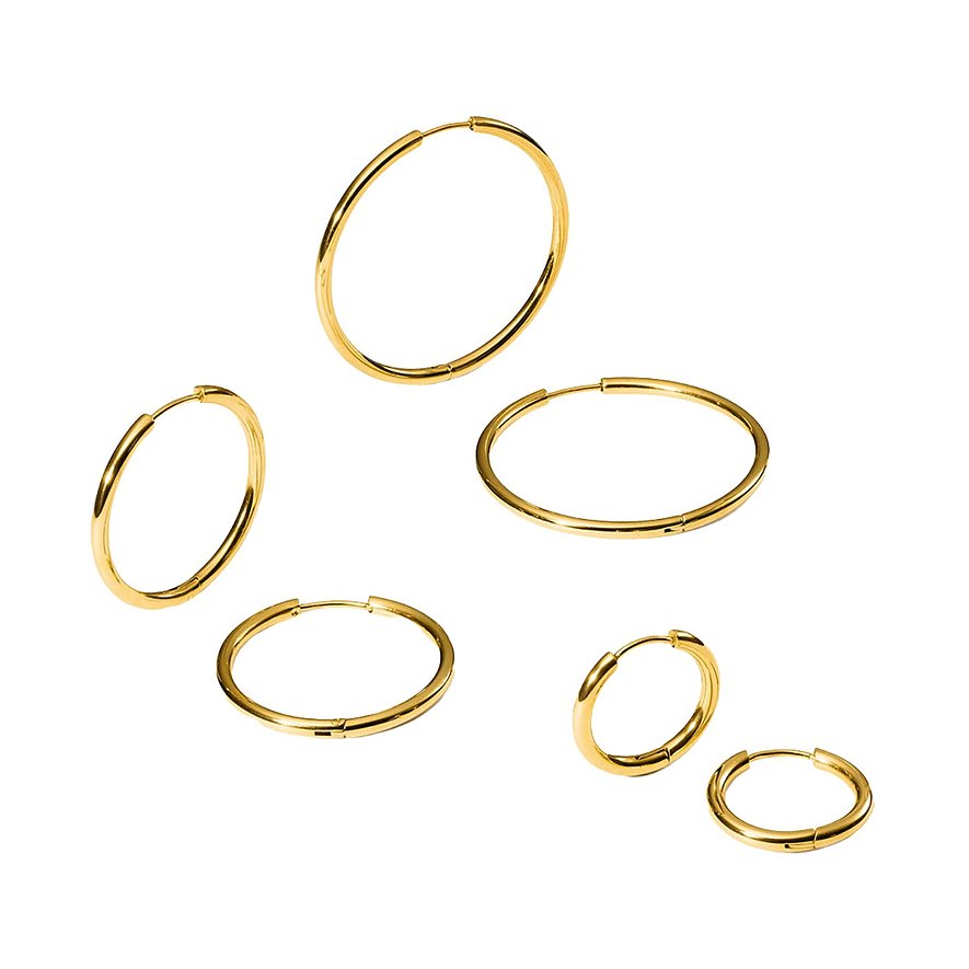 Seks guld Creoles-øreringe i rustfrit stål fra Purelei, i varierende størrelser, spredt arrangeret.