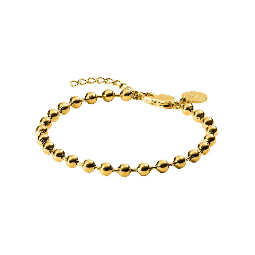 Een gouden Purelei kralenarmband van roestvrij staal, in een wijde boog op een wit oppervlak liggend.