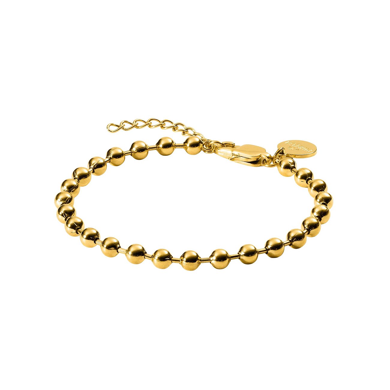 Een gouden Purelei kralenarmband van roestvrij staal, in een wijde boog op een wit oppervlak liggend.