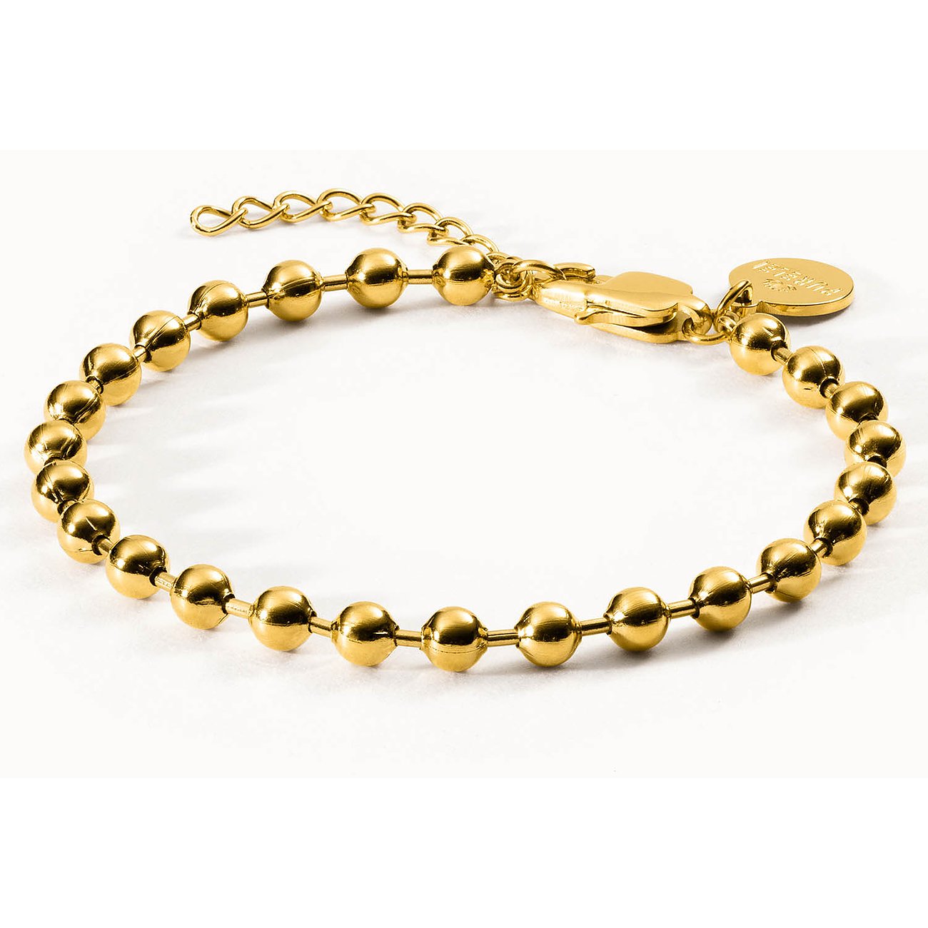 Purelei armband: geelgouden roestvrijstalen balletjesarmband met kleine, ronde Purelei-merkbedel.