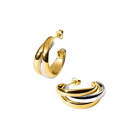 Ein Paar Purelei Ohrschmuck aus gelb- und silberfarbenem Edelstahl, doppelreihige Creolen auf weißem Hintergrund.