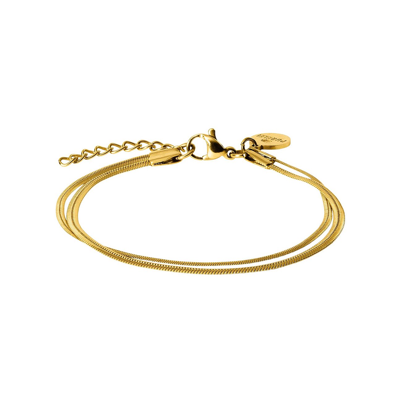 Purelei Armband aus goldfarbenem Edelstahl mit zwei feinen Schlangenketten und Verschluss.