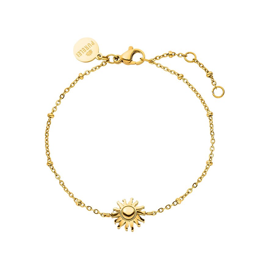 Purelei Armschmuck, ein goldenes Armband aus Edelstahl mit kleinen Perlen und einem Sonnenanhänger.