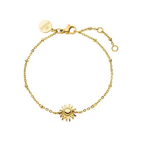 Purelei-armband, ett gyllene smycke i rostfritt stål med små pärlor och ett solhänge.