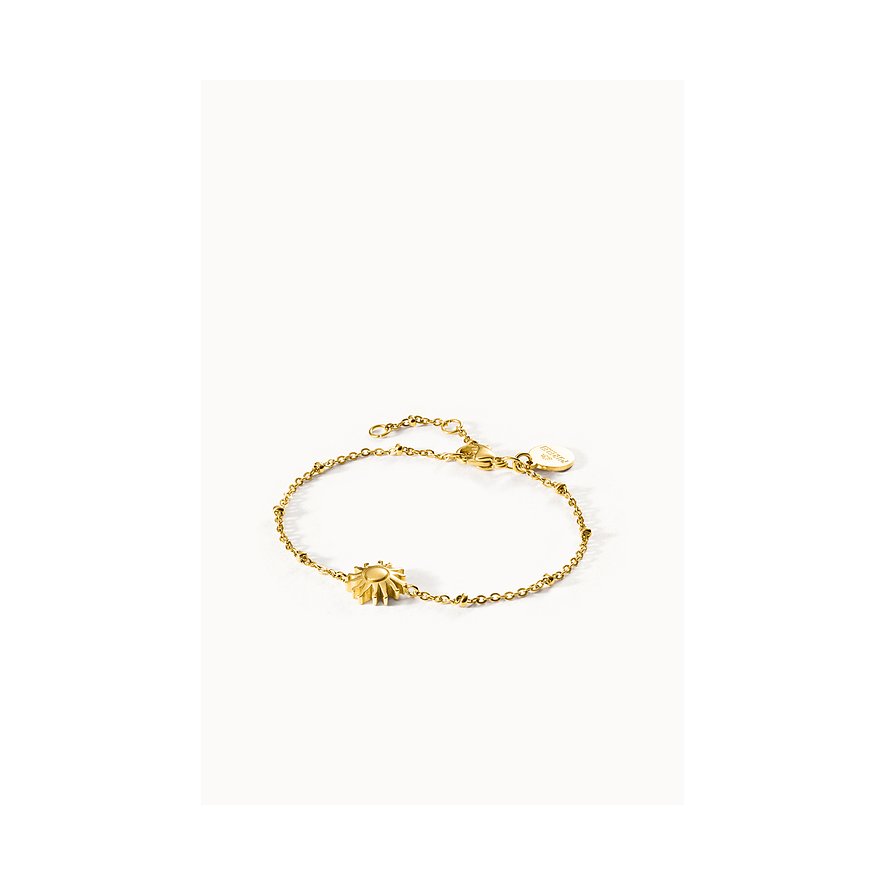 Purelei Armband aus goldfarbenem Edelstahl mit einer Sonnenapplikation in der Mitte.