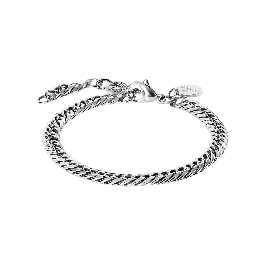Een zilveren Purelei armband van glanzend roestvrij staal, met dubbele kettingvlecht en karabijnsluiting.