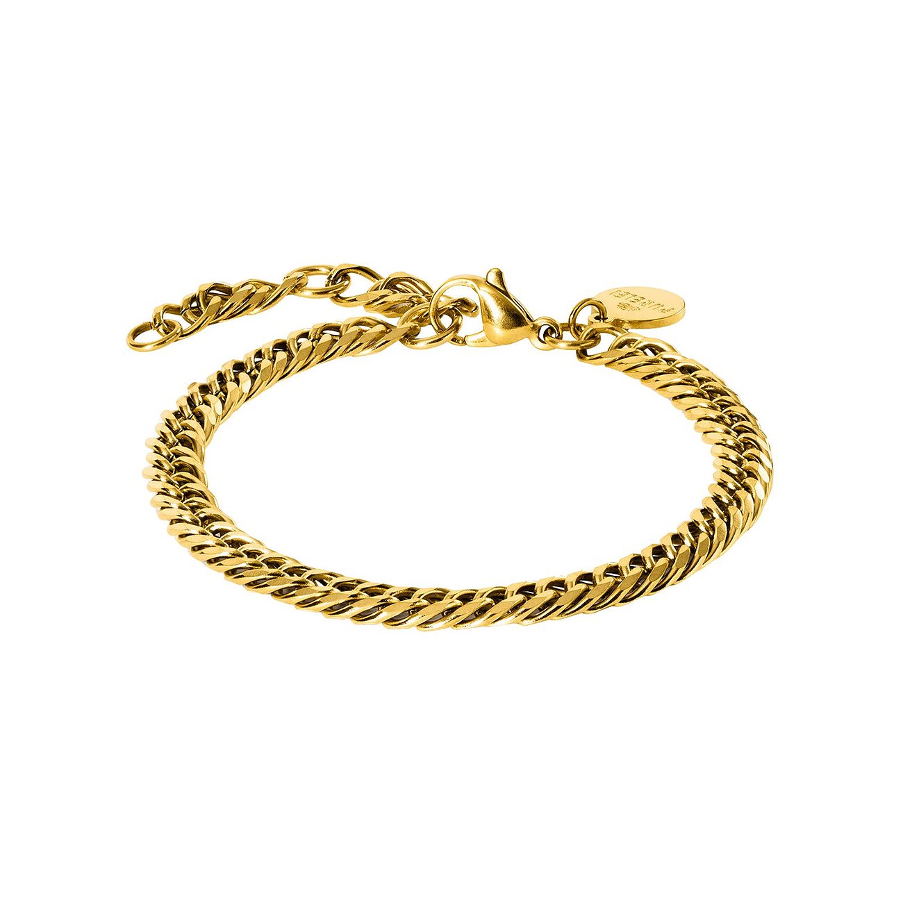 Ein glänzendes, goldfarbenes Purelei Panzerketten-Armband aus Edelstahl mit einem Verlängerungskettchen.