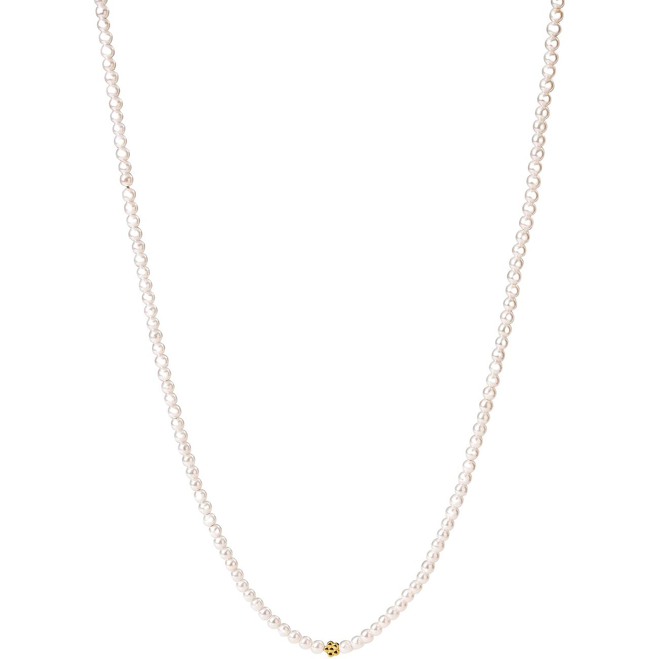 Lange Purelei roestvrijstalen ketting met kleine witte parels en een klein gouden bolletje in het midden.