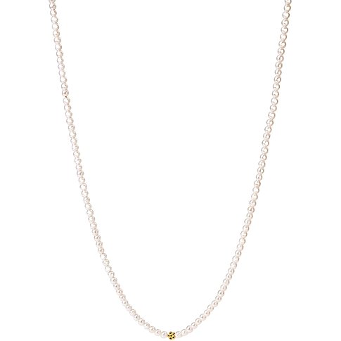 Långt Purelei-halsband i rostfritt stål med små vita pärlor och en liten gyllene kula i mitten.