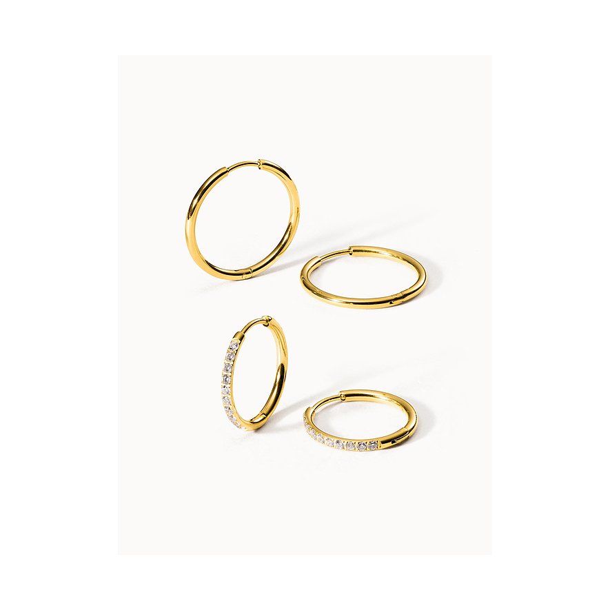 Ein Purelei Set aus vier goldfarbenen Creolen aus Edelstahl Zirkonia. Zwei sind schlicht, zwei mit klaren Steinen besetzt.