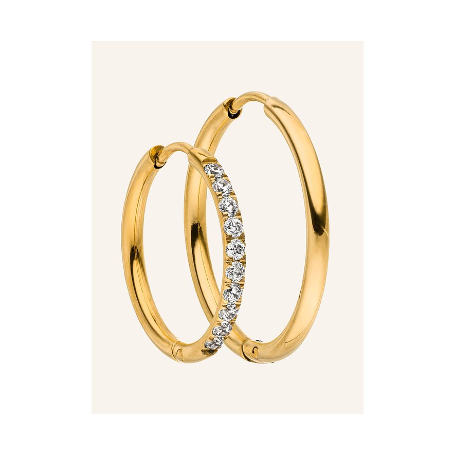 Purelei Ohrringe-Set aus goldfarbenem Edelstahl mit Zirkonia-Farbsteinen vorne und hinten im Vordergrund.