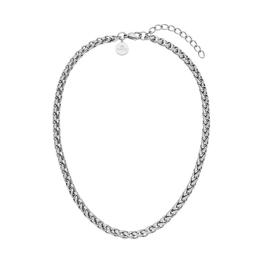 Een eenvoudige, zilverkleurige Purelei ketting van roestvrij staal met fijne schakels en een kleine merkbedel.