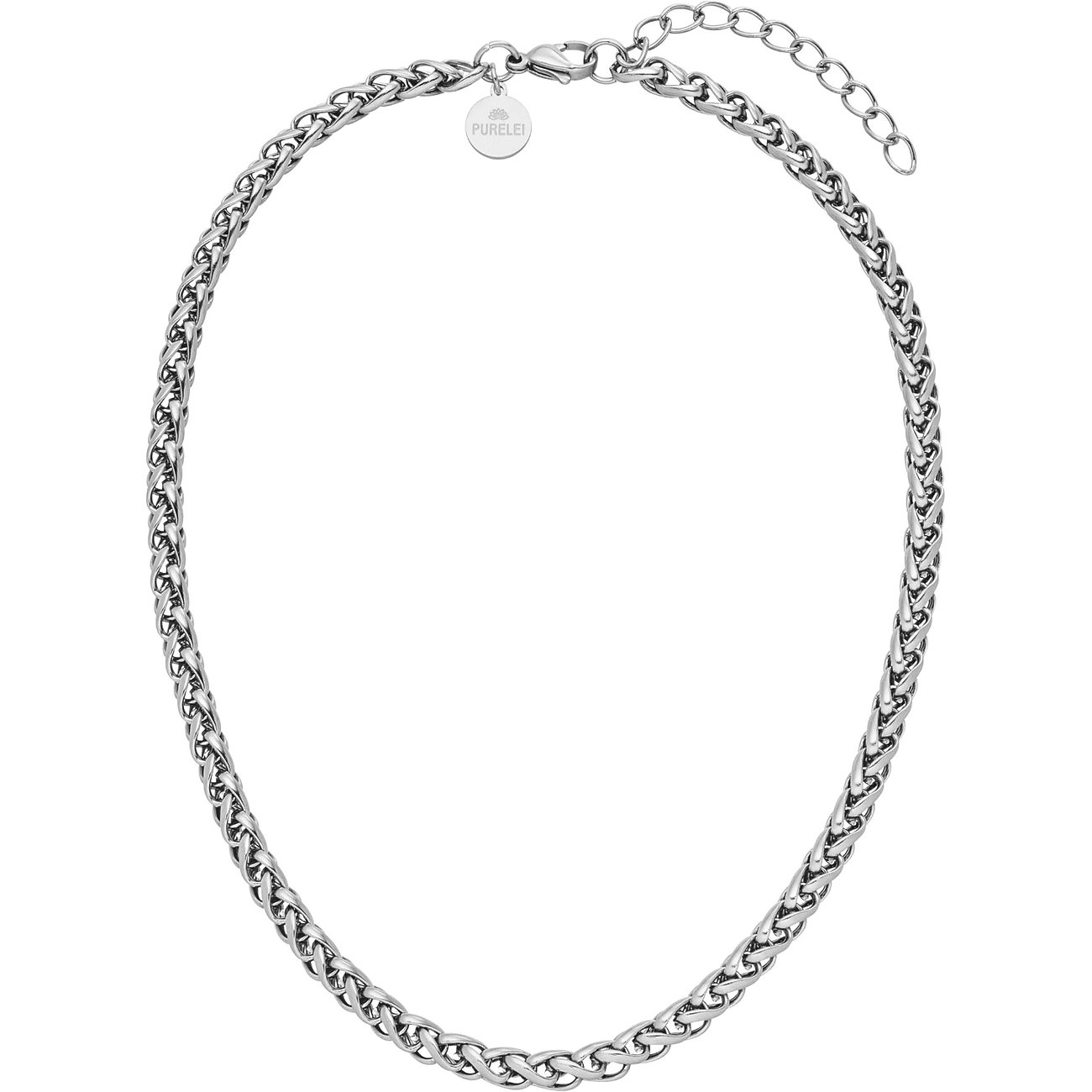Een eenvoudige, zilverkleurige Purelei ketting van roestvrij staal met fijne schakels en een kleine merkbedel.