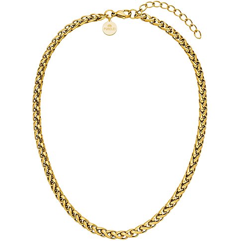 Närbild av ett Purelei halsband i gyllene rostfritt stål, med ett runt Purelei hängsmycke.