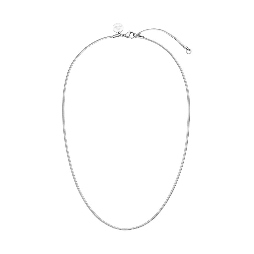 Close-up van een eenvoudige Purelei halsketting van roestvrij staal, met een elegante slangenketting-look.
