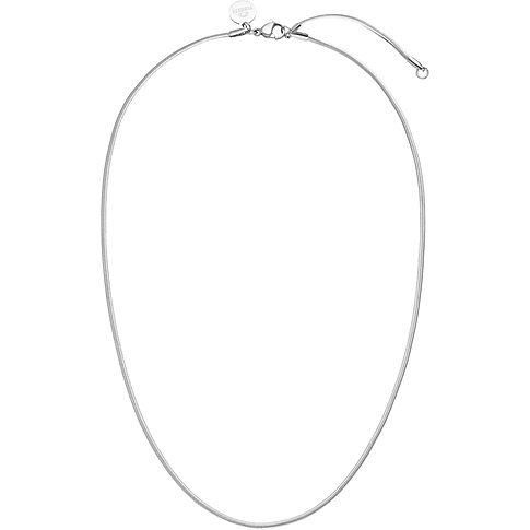 Närbild på ett enkelt Purelei halsband i rostfritt stål, med en elegant ormkedjedesign.