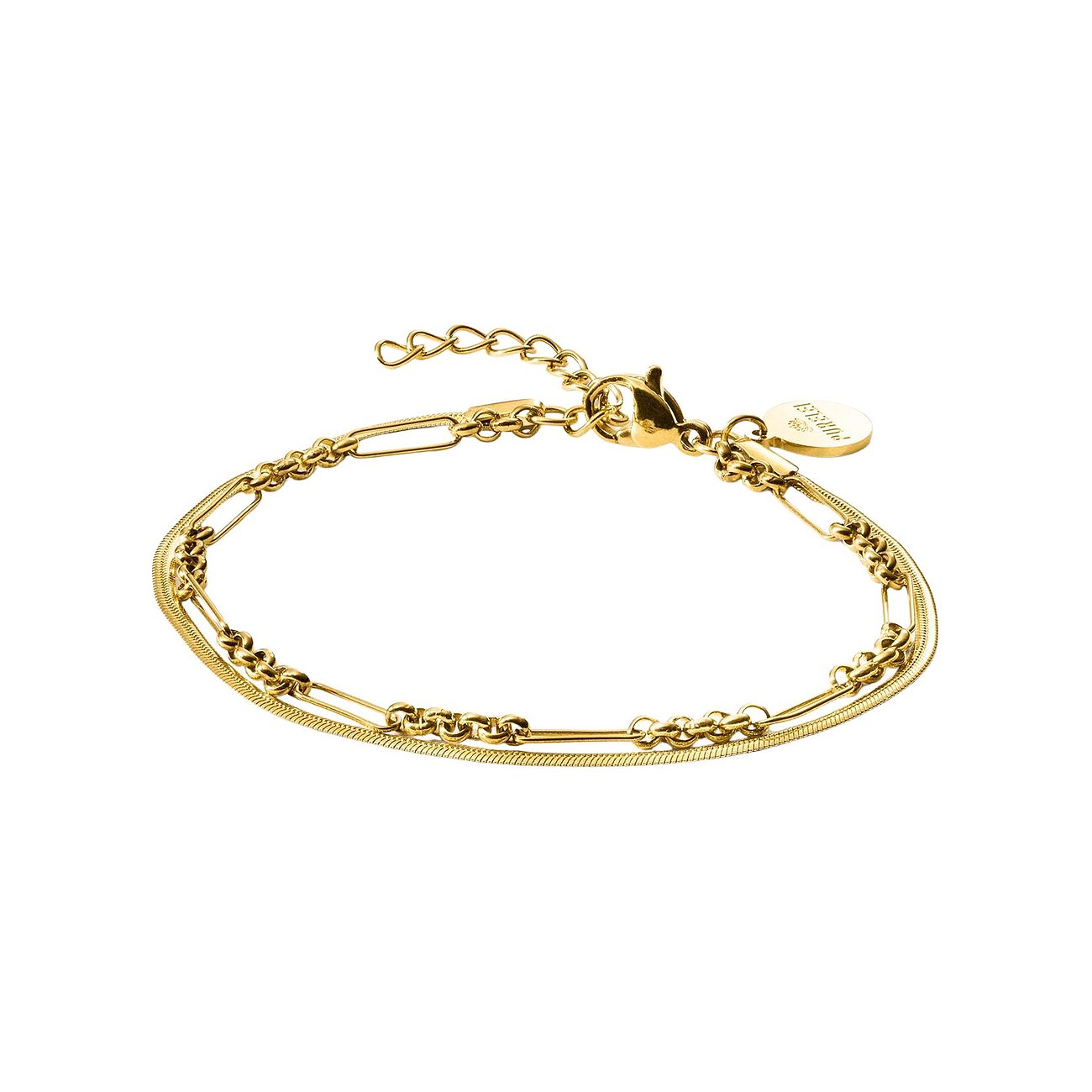 Purelei Armschmuck aus gelb vergoldetem Edelstahl mit mehrreihigem Design und verstellbarem Verschluss.