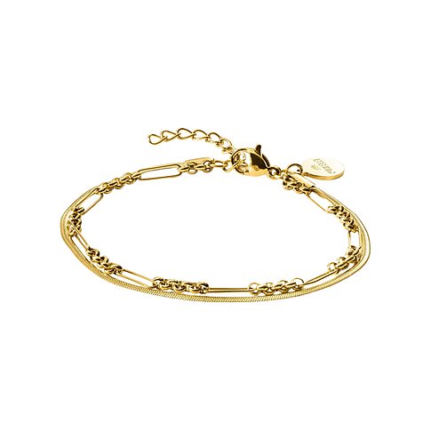Purelei Armschmuck aus gelb vergoldetem Edelstahl mit mehrreihigem Design und verstellbarem Verschluss.