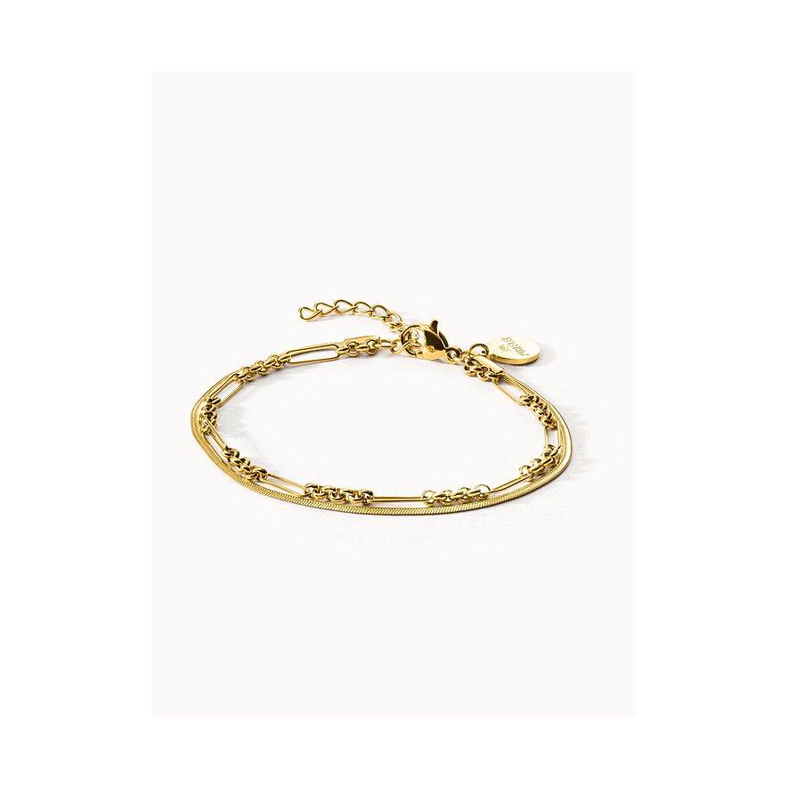 Purelei Armband aus goldenem Edelstahl, das aus drei goldenen Kettenlagen besteht und über einen Verschluss verfügt.