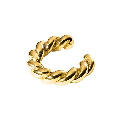 Purelei öronsmycke: Tvinnad guldfärgad Ear Cuff i rostfritt stål från Purelei, framifrån.
