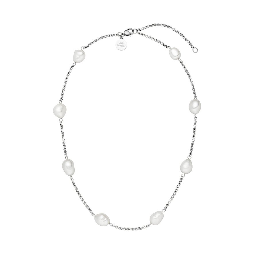 Die Purelei Halskette aus Edelstahl zeigt eine Kette mit unregelmäßig geformten weißen Perlen im Kreis.