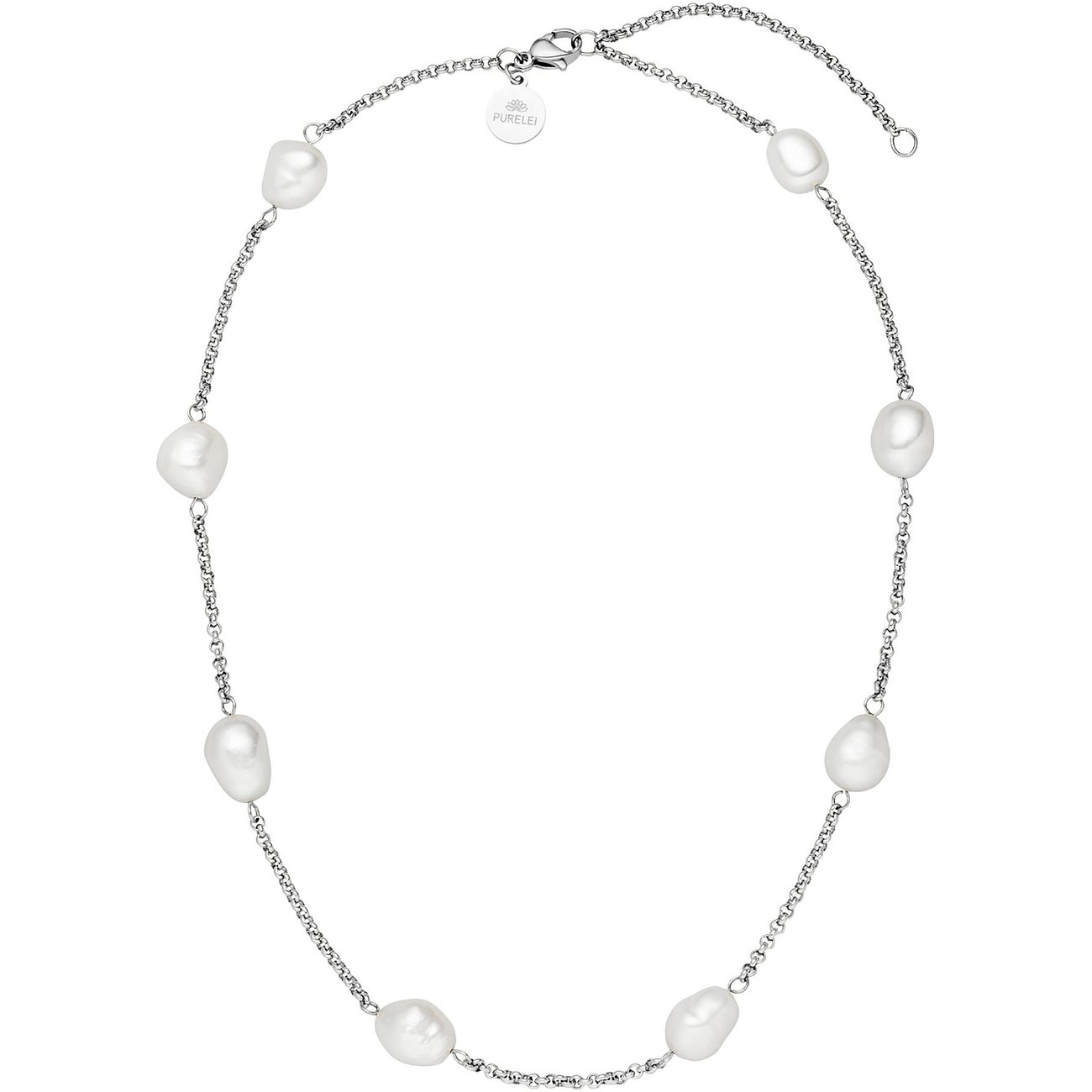De Purelei roestvrijstalen halsketting heeft een ketting met onregelmatig gevormde witte parels in een cirkel.