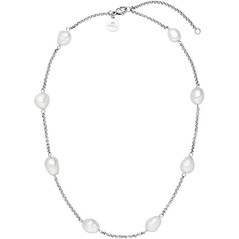 Purelei halsband i rostfritt stål med kedja och oregelbundet formade vita pärlor i en cirkel.