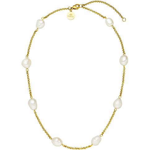 Purelei halsband i guldfärgat rostfritt stål med nio oregelbundet formade vita pärlor, fotograferat ovanifrån.