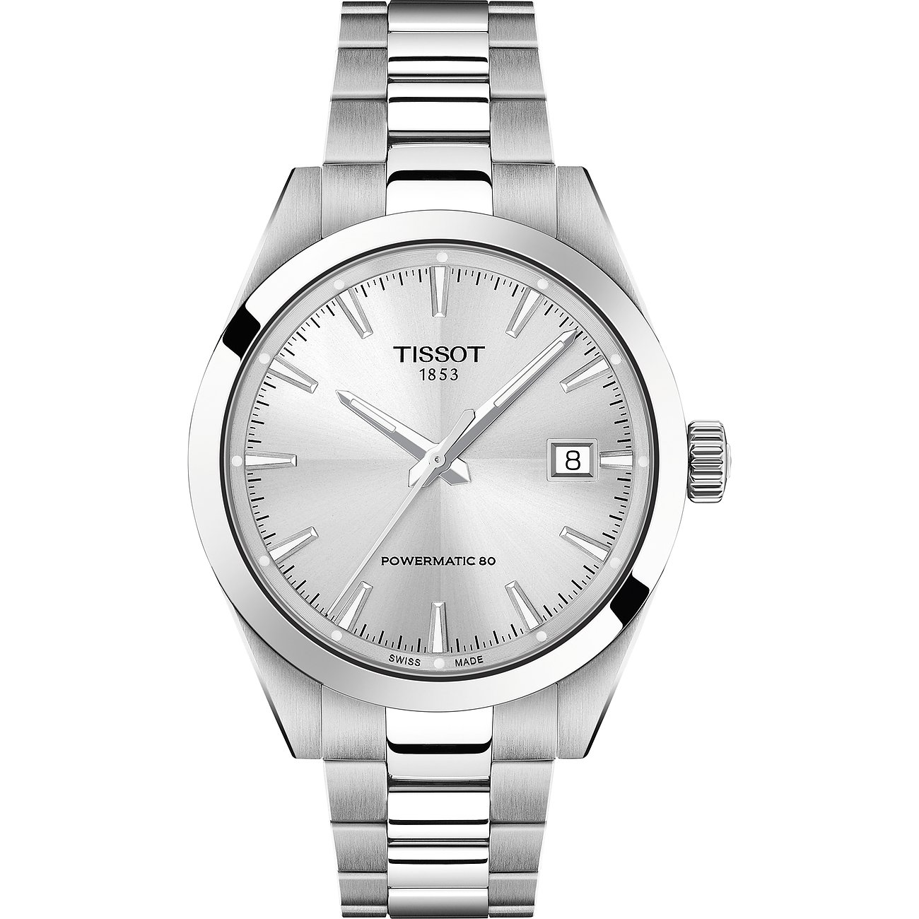 Eine Tissot Herrenuhr aus Edelstahl mit silbernem Zifferblatt und Datumsanzeige.