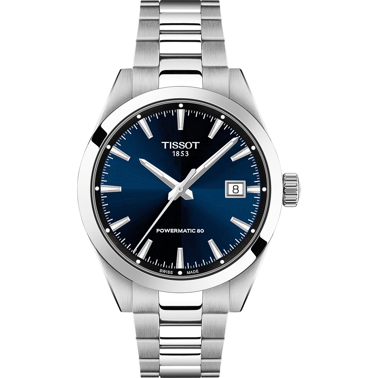Die Tissot Herrenuhr aus Edelstahl zeigt ein blaues Zifferblatt mit Datumsanzeige und silbernen Zeigern.