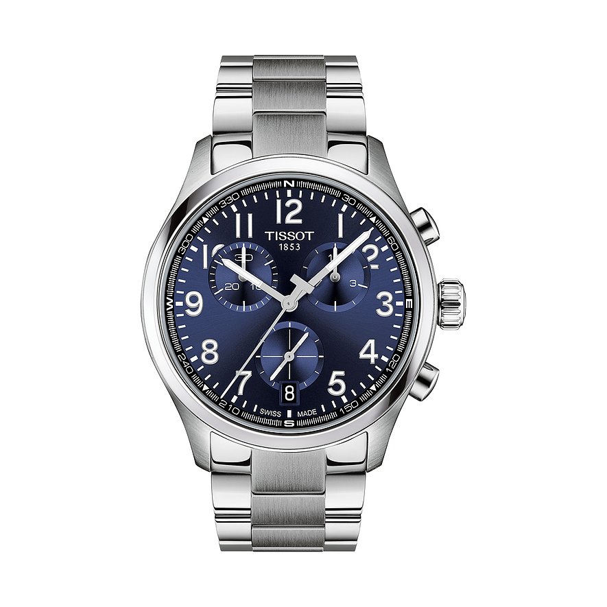 Eine Tissot Herrenuhr aus Edelstahl mit blauem Zifferblatt und Chronographenfunktionen, frontal abgebildet.