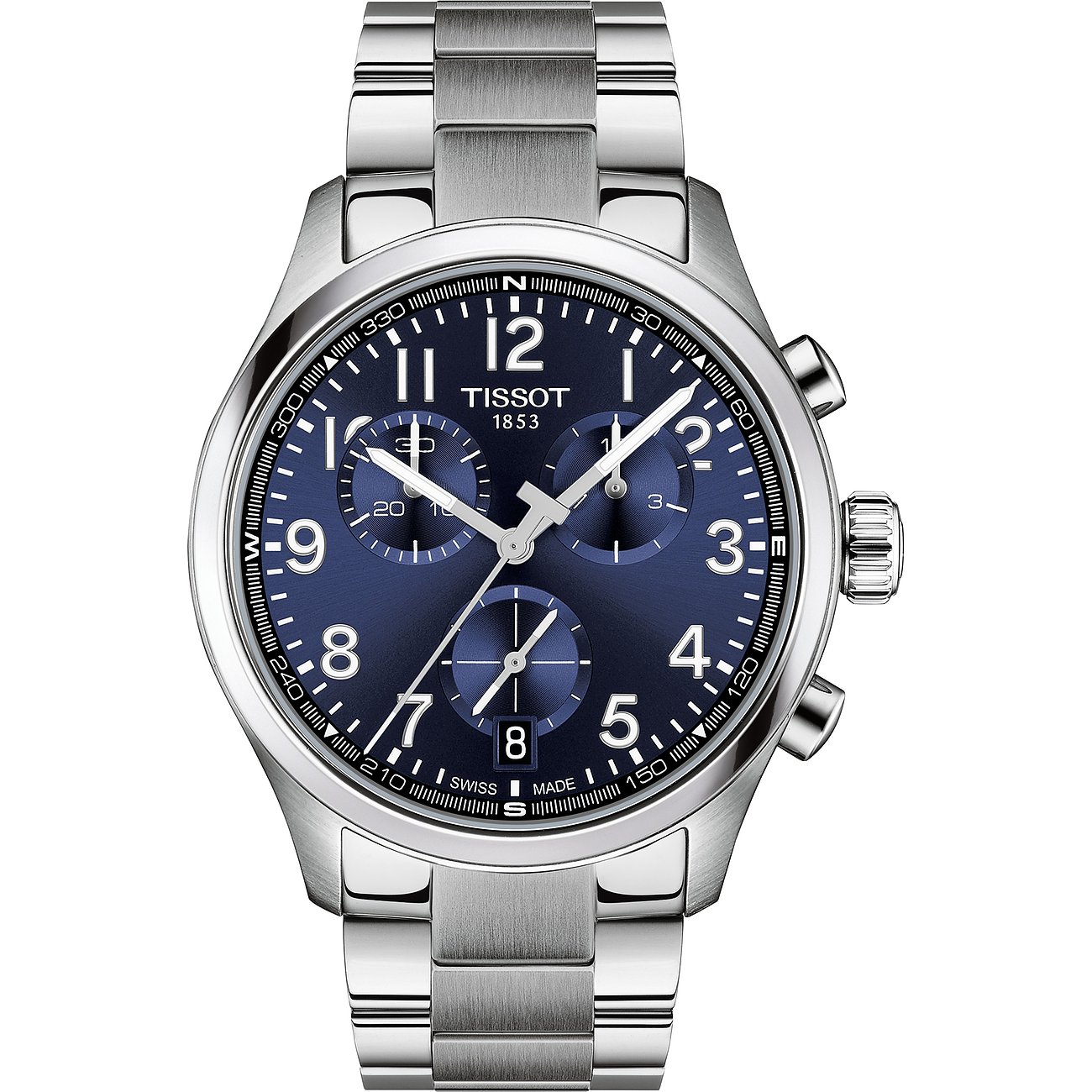 Eine Tissot Herrenuhr aus Edelstahl mit blauem Zifferblatt und Chronographenfunktionen, frontal abgebildet.