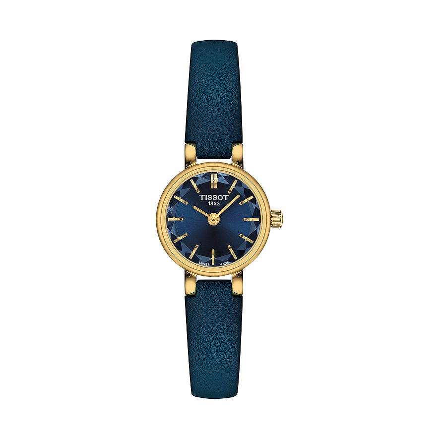 Tissot Damenuhr: Edelstahl, goldenes Gehäuse, blaues Zifferblatt, facettierte Stundenmarkierungen, blaues Lederarmband.