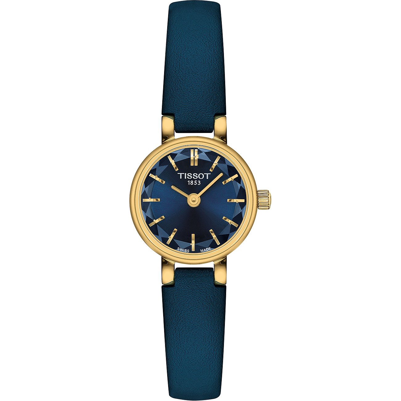 Tissot Damenuhr: Edelstahl, goldenes Gehäuse, blaues Zifferblatt, facettierte Stundenmarkierungen, blaues Lederarmband.