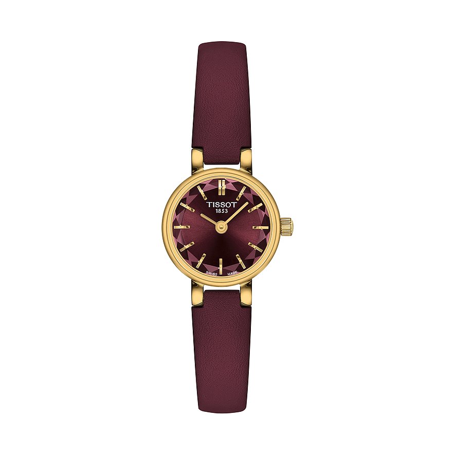 Tissot Damenuhr aus goldfarbenem Edelstahl mit bordeauxrotem Lederarmband und Zifferblatt mit facettiertem Rand.