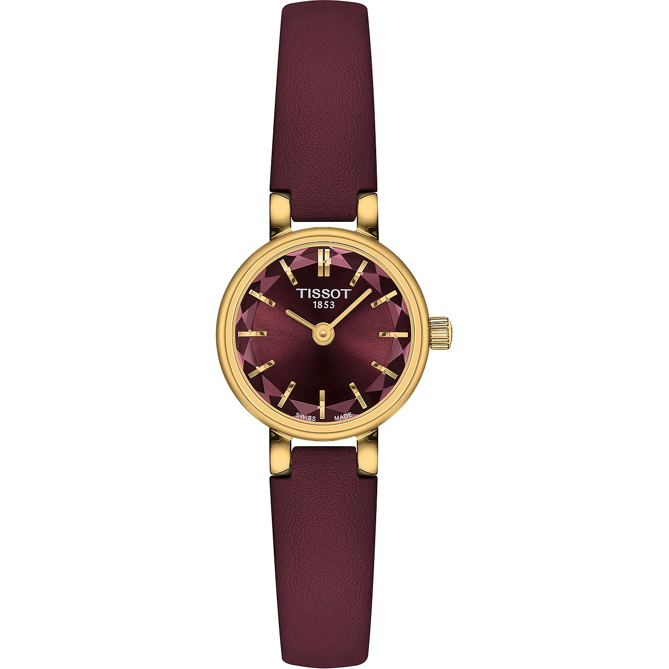Tissot Damenuhr aus goldfarbenem Edelstahl mit bordeauxrotem Lederarmband und Zifferblatt mit facettiertem Rand.