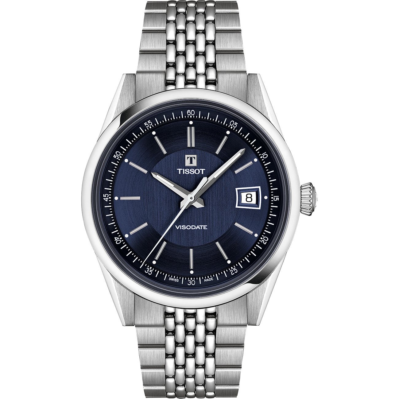 Tissot Herrenuhr aus Edelstahl mit blauem Zifferblatt und silberfarbenen Indizes.