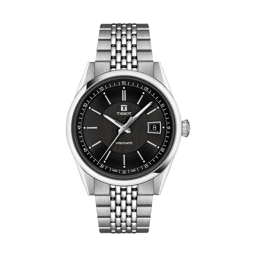 Tissot Herrenuhr Visodate aus Edelstahl mit schwarzem Zifferblatt und silberfarbenen Zeigern.