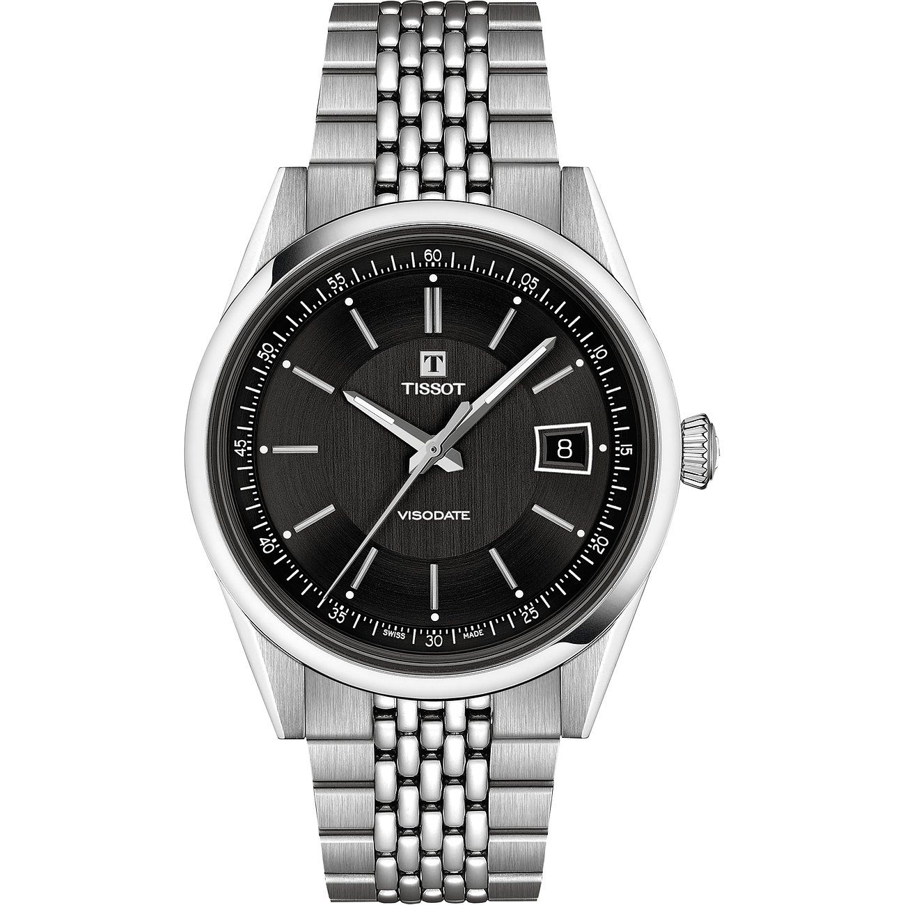 Tissot Herrenuhr Visodate aus Edelstahl mit schwarzem Zifferblatt und silberfarbenen Zeigern.
