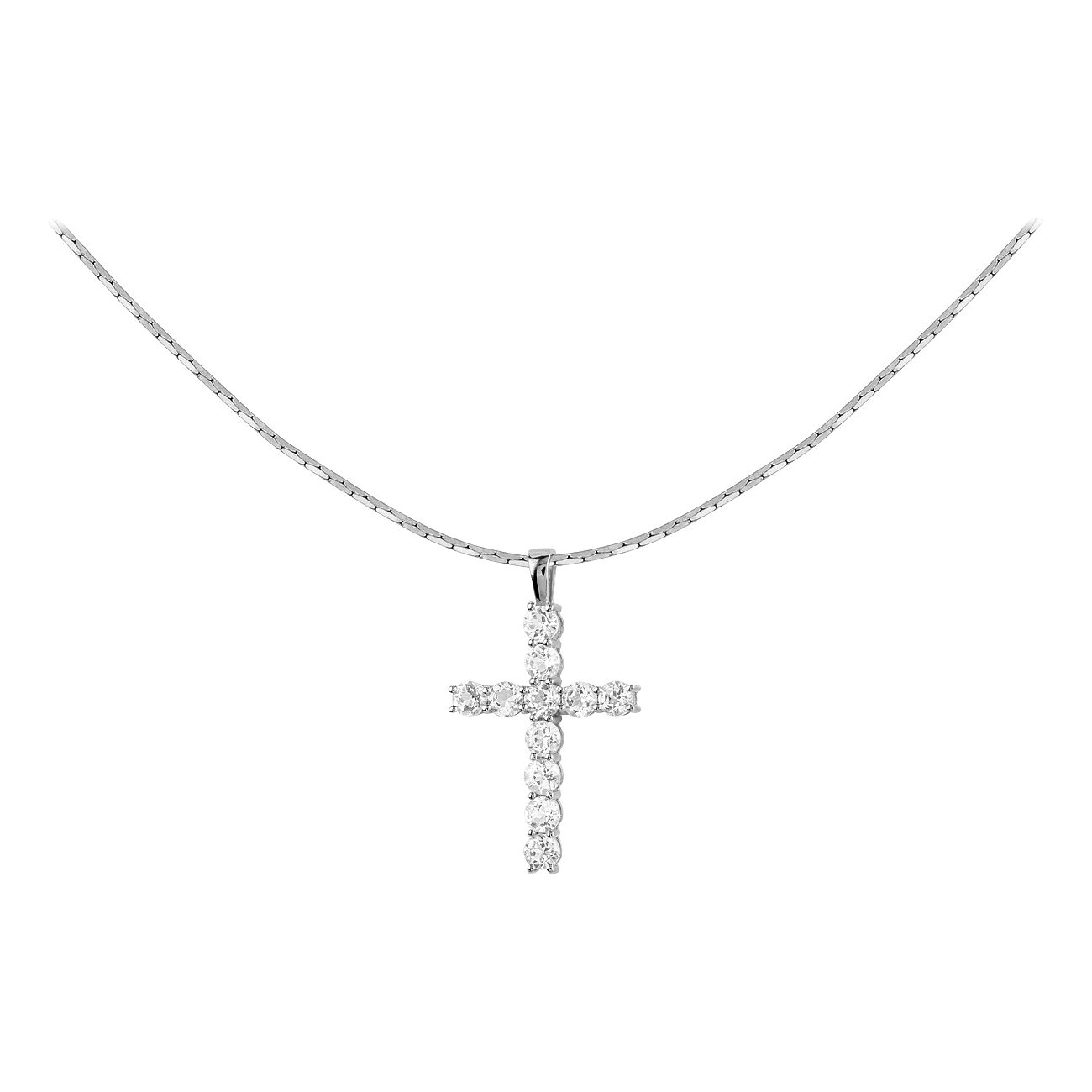 Jacques Lemans zilveren ketting met een kruisvormige hanger bezet met fonkelende zirkonia-kleurstenen.