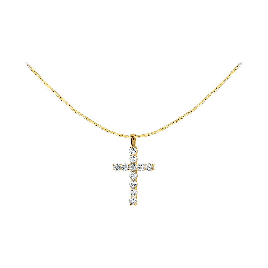 Jacques Lemans zilveren ketting met kruishanger, bezet met fonkelende zirkonia kleurstenen.