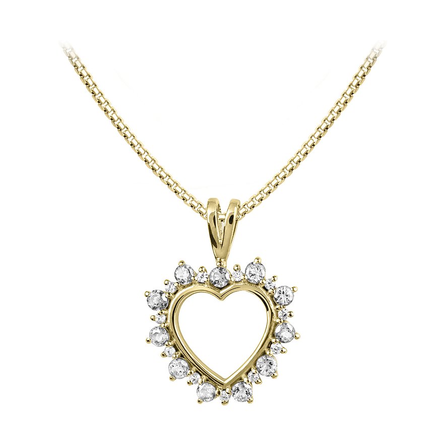 Jacques Lemans hartcollier van verguld zilver met zirkonia, open in het midden, aan een goudkleurige ketting.